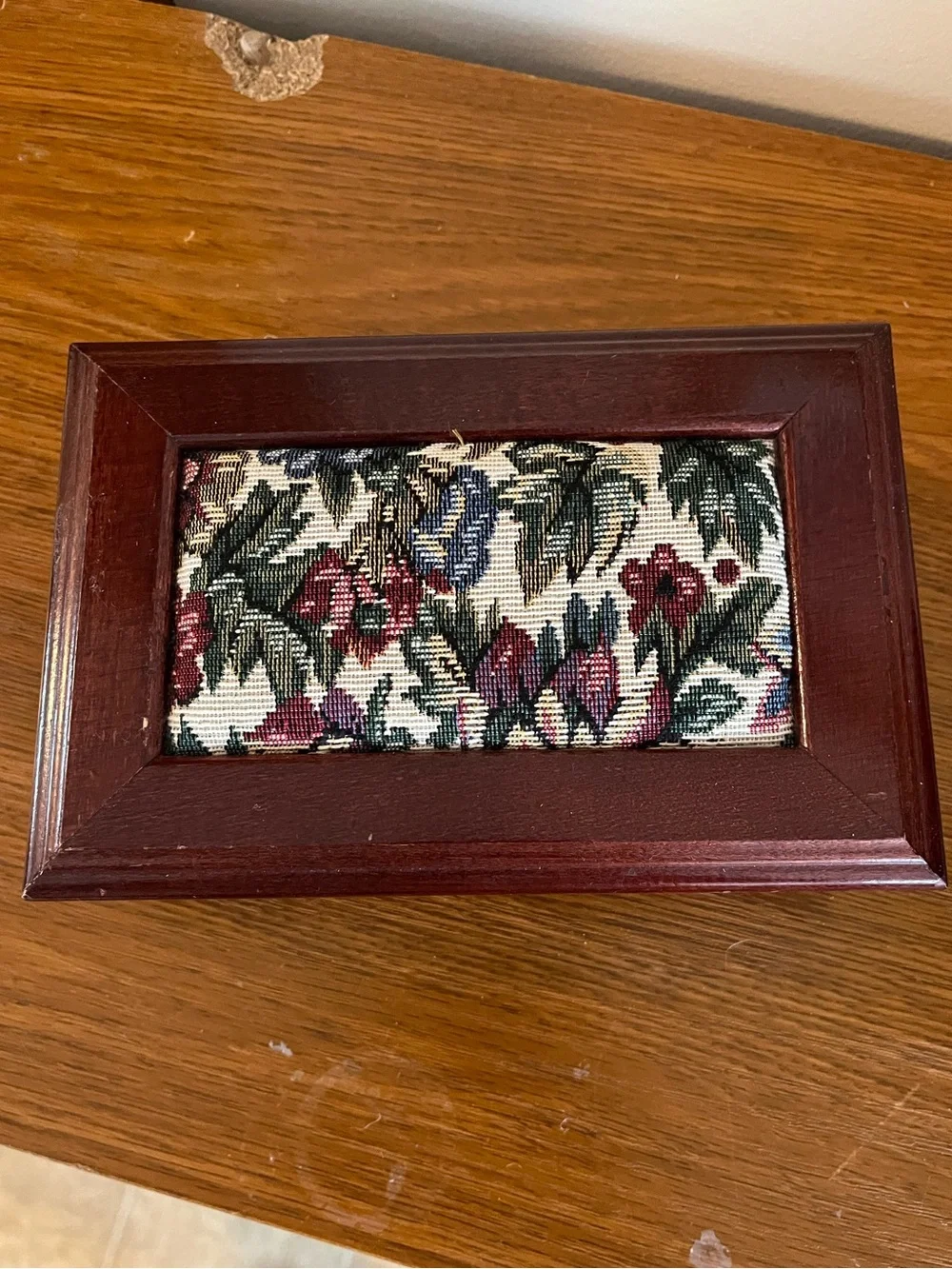 Wood Jewelry Box with Floral Needlepoint Inlay - Burgundy